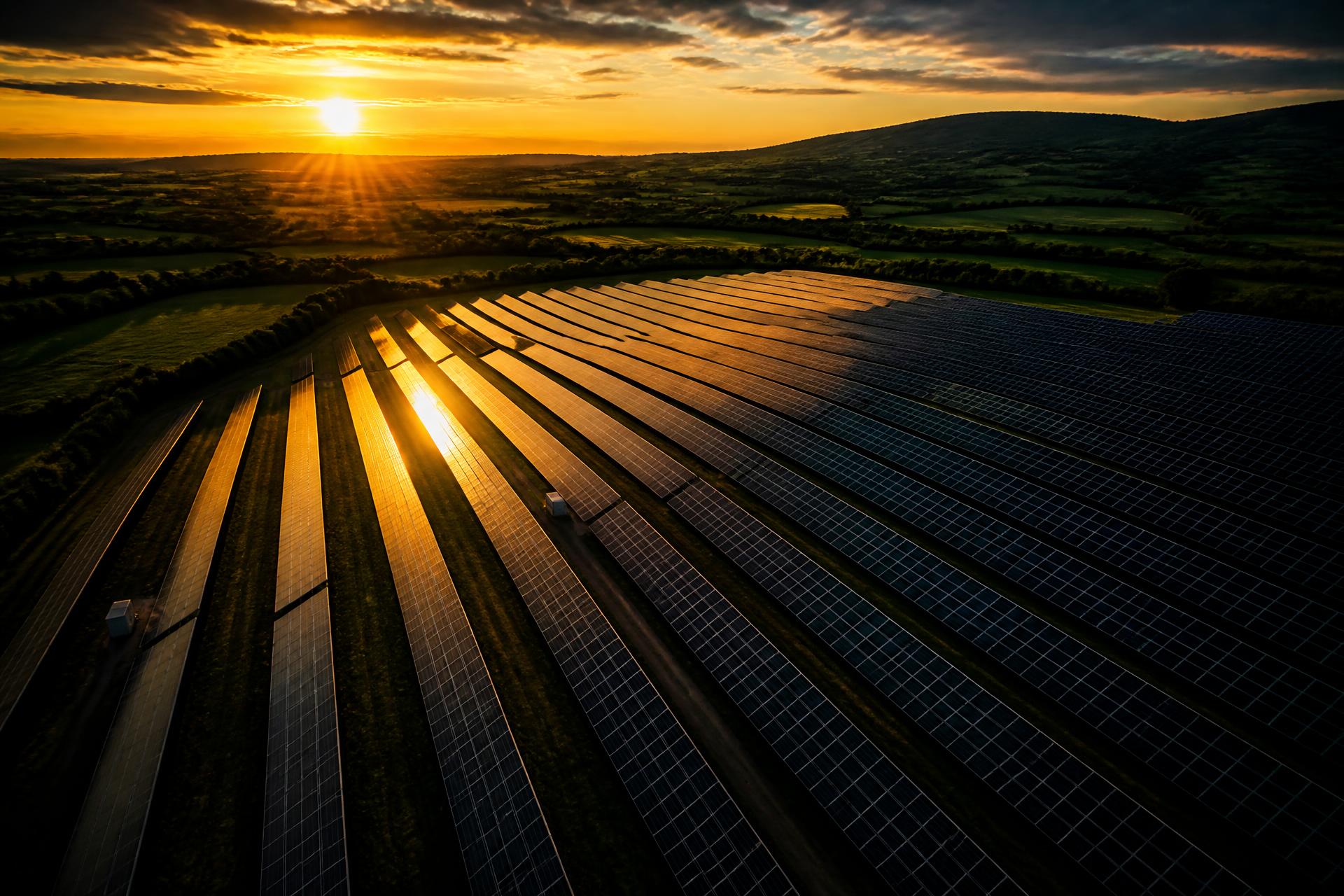 Aerial view of a large solar farm at golden hour